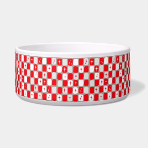 Retro Red Starbursts Ceramic Dog Bowl