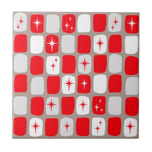 Retro Red Starbursts Ceramic Tile