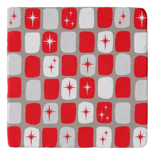 Retro Red Starbursts Marble Stone Trivet