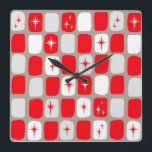 Retro Red Starbursts Square Wall Clock<br><div class="desc">This Retro Red and White Starbursts Square Wall Clock is so adorably space age you won’t be able to contain your enthusiasm. And, why would you want to? This 1960’s mid century modern inspired design features a dark heather grey background and rows of perfectly imperfect rectangles in cheery red, white,...</div>