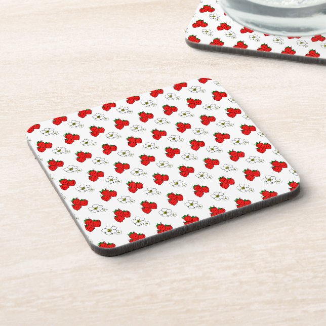 Retro Red Strawberry and Flower Pattern Drink Coaster (Left Side)