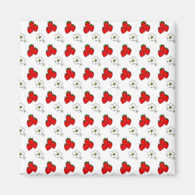 Retro Red Strawberry and Flower Pattern Magnet (Front)