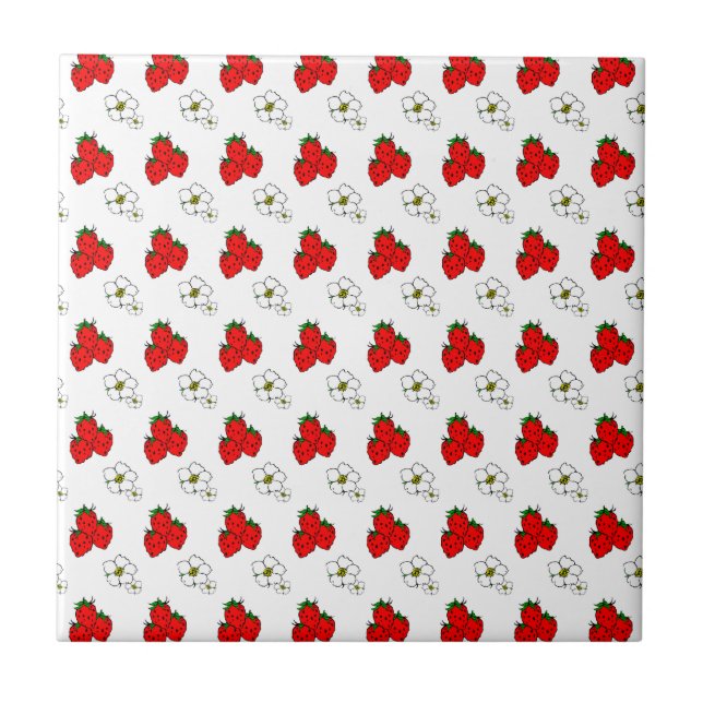 Retro Red Strawberry and Flower Pattern Tile (Front)