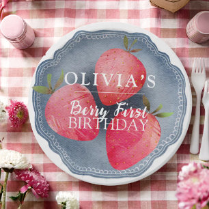 Retro red Strawberry Berry First Birthday  Paper Plates