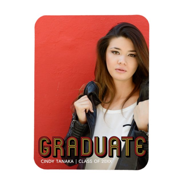 Retro Red Text Overlay Unique Bold Graduate Photo Magnet (Vertical)