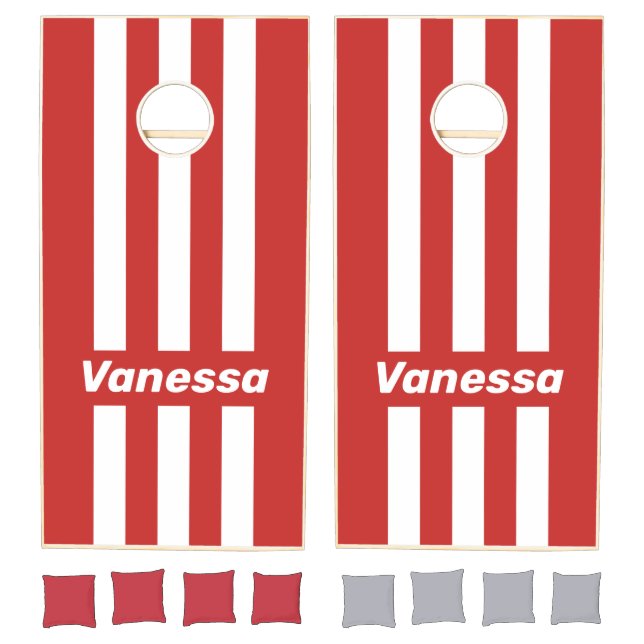 Retro Red Three Pin Striped with Name Cornhole Set (Set)