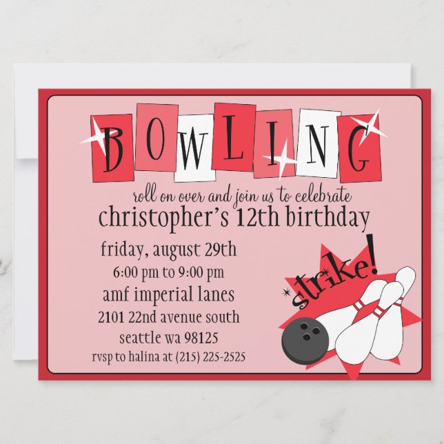 Retro Red Totally Retro Bowling Birthday Party Invitation (Front)