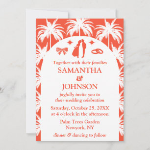 Retro Red Tropical Palm Tree Photo Wedding Invitation