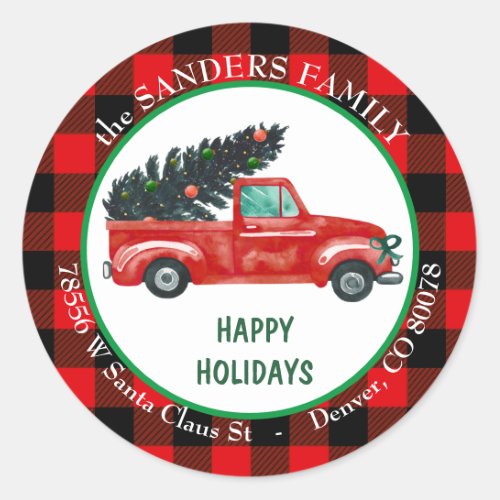 Retro Red Truck2 Christmas Tree Return Address  Classic Round Sticker