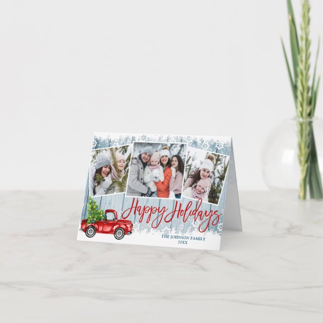 Retro Red Truck 4 PHOTO Christmas Greeting Folded Holiday Card (Front)