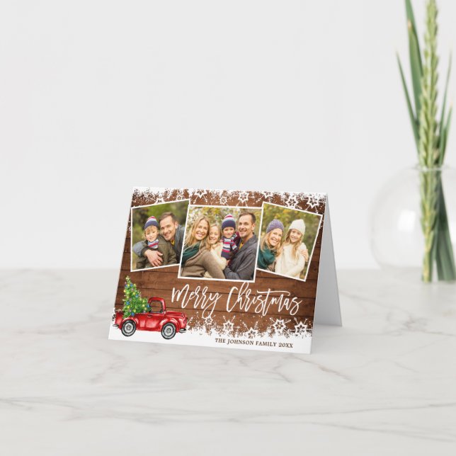 Retro Red Truck 4 PHOTO Christmas Greeting Folded Holiday Card (Front)
