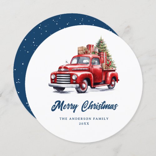 Retro Red Truck Blue Merry Christmas Card