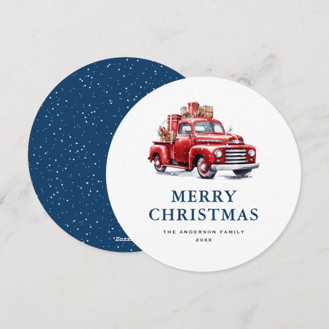 Retro Red Truck Blue Merry Christmas Card (Front/Back)