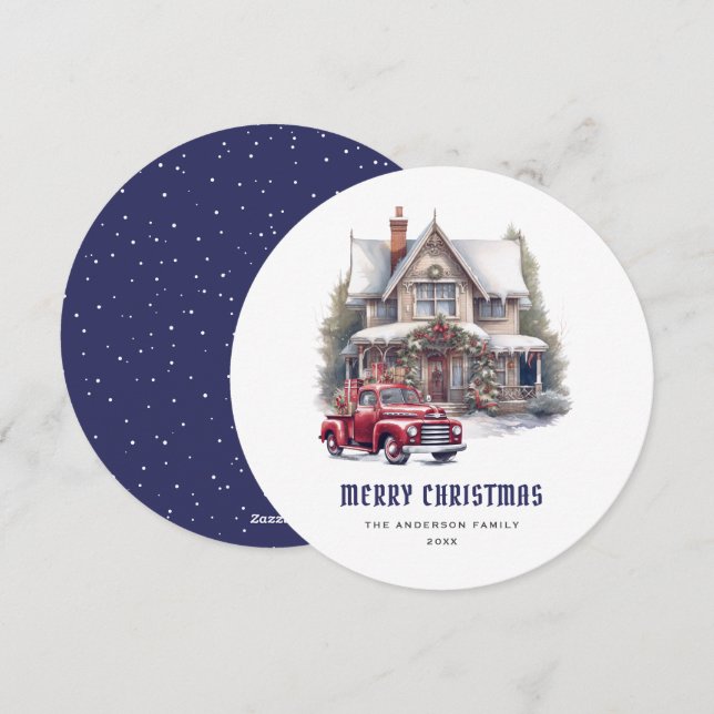 Retro Red Truck Blue Merry Christmas Card (Front/Back)