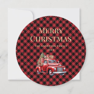 Retro Red Truck Buffalo Plaid Merry Christmas Card