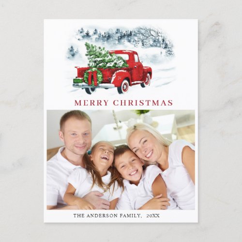 Retro Red Truck Christmas Greeting Holiday Photo Postcard