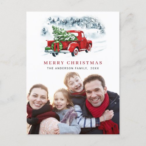 Retro Red Truck Christmas Greeting Holiday Photo Postcard