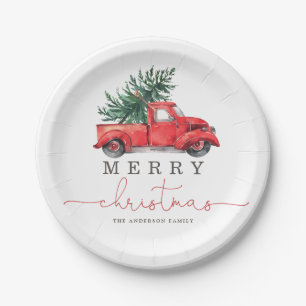 Retro Red Truck & Christmas Pine Tree Paper Plates