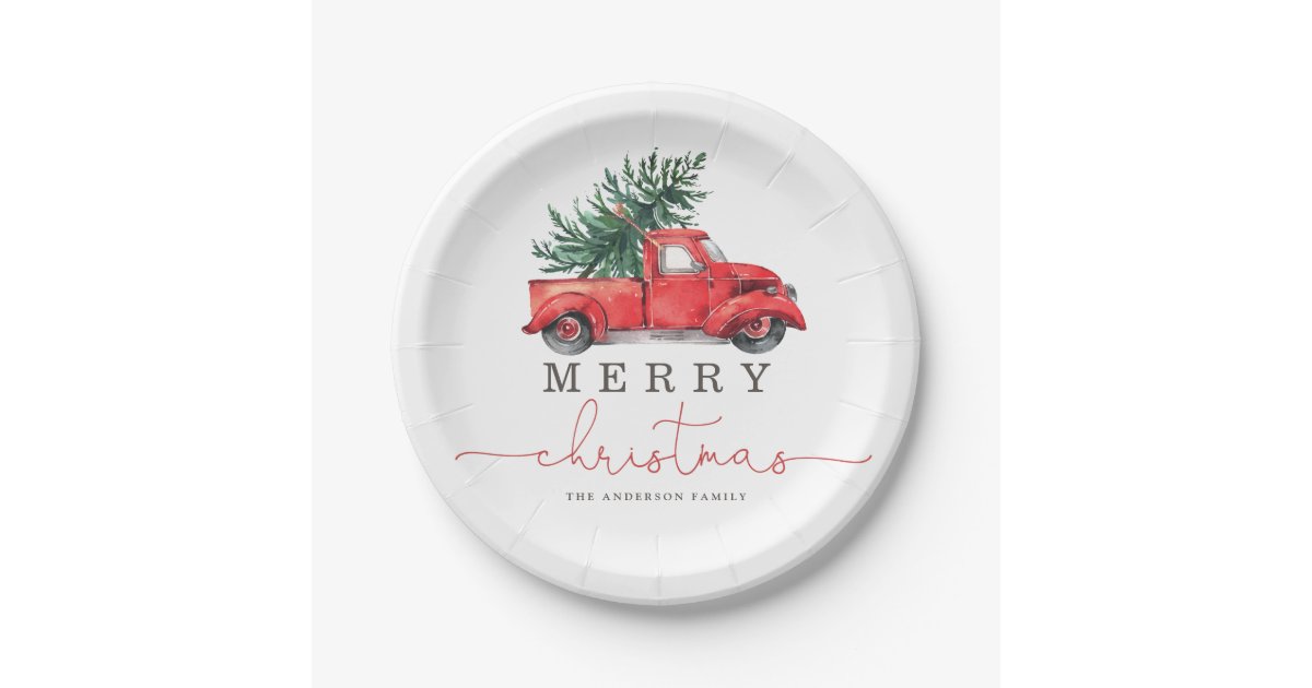 Retro Red Truck & Christmas Pine Tree Paper Plates Zazzle