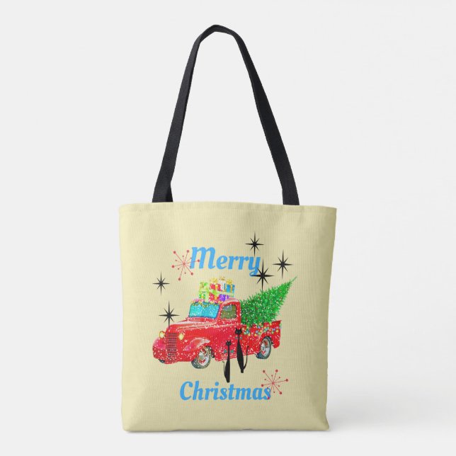 Retro Red Truck Christmas Tree Cats Tote Bag (Back)