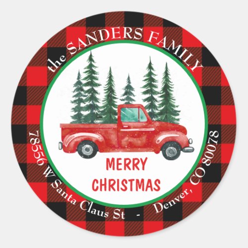 Retro Red Truck Christmas Tree Return Address  Classic Round Sticker
