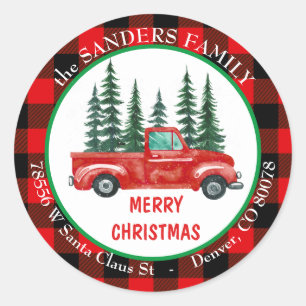 Retro Red Truck Christmas Tree Return Address Classic Round Sticker