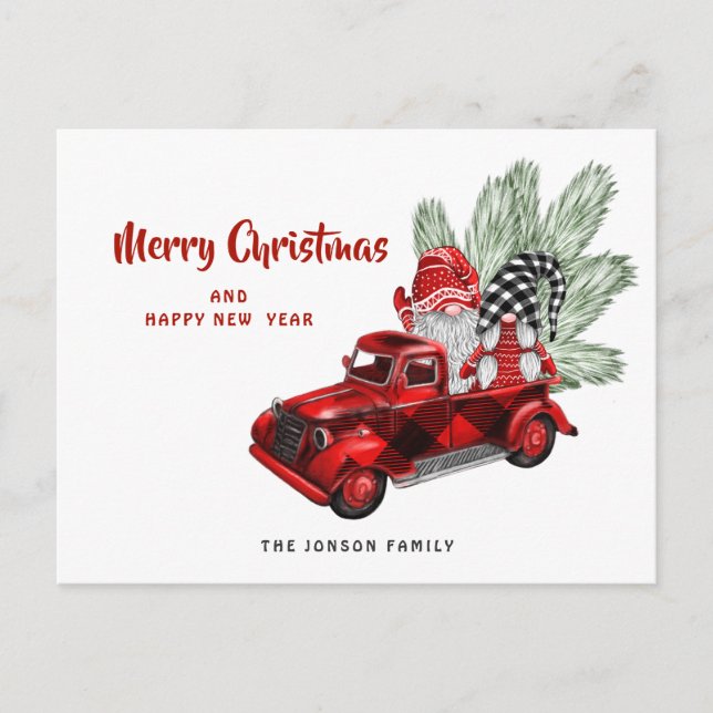 Retro Red Truck Gnomes Christmas Holiday Greeting Postcard (Front)