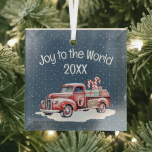 Retro Red Truck In Snowflakes Glass Ornament