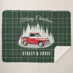 Retro Red Truck Merry Christmas Sherpa Blanket