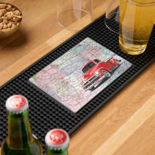 Retro Red Truck On Midwest Road Map Bar Mat