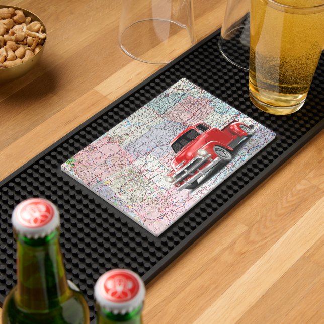 Retro Red Truck On Midwest Road Map Bar Mat (Insitu (Bar 2))