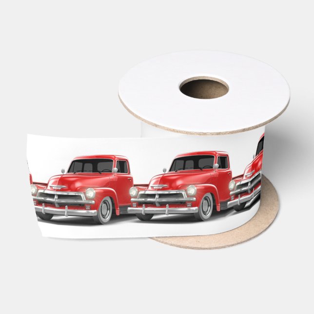 Retro Red Truck On White Satin Ribbon (Spool)