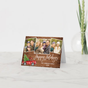 Retro Red Truck Rustic 3 PHOTO Christmas Greeting Holiday Card