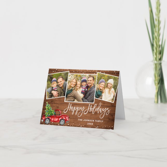 Retro Red Truck Rustic 3 PHOTO Christmas Greeting Holiday Card (Front)