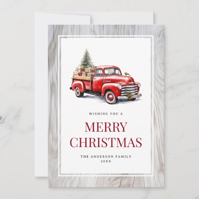 Retro Red Truck Rustic Wood Merry Christmas Card (Front)