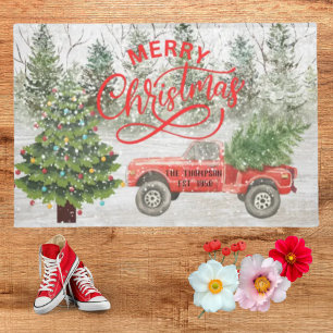 Retro red tuck rustic winter family name Xmas tree Doormat