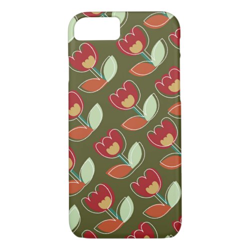 Retro Red Tulips Flowers Pattern Cute iPhone Case