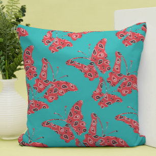 Retro Red & Turquoise Bandana Butterflies Throw Pillow