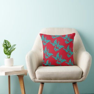 Retro Red & Turquoise Paisley Butterflies Throw Pillow