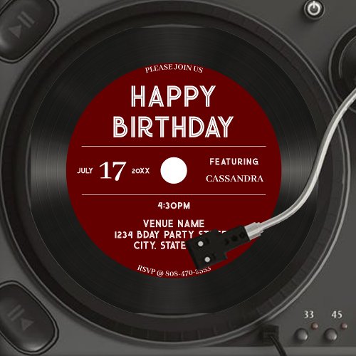 Retro Red Vinyl Record Black Happy Birthday Party Invitation