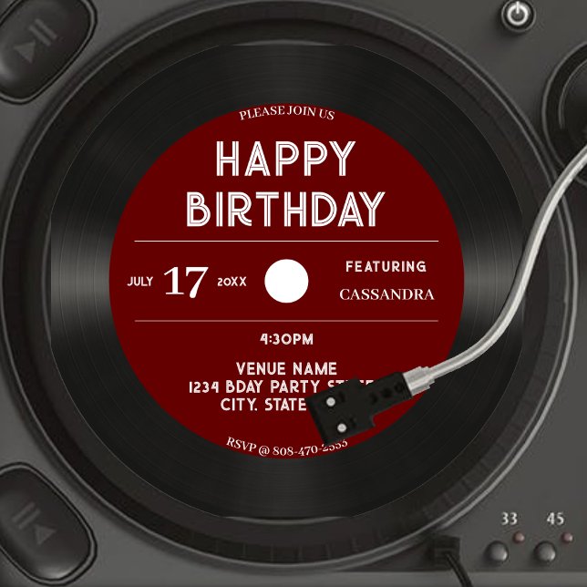 Retro Red Vinyl Record Black Happy Birthday Party Invitation (Retro Red Vinyl Record Black Happy Birthday Party Invitation)