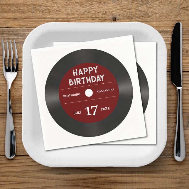Retro Red Vinyl Record Black Happy Birthday Party Napkins (Retro Red Vinyl Record Black Happy Birthday Party Napkins)