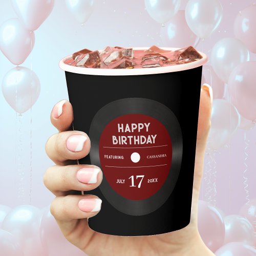 Retro Red Vinyl Record Black Happy Birthday Party Paper Cups