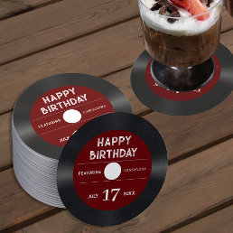 Retro Red Vinyl Record Black Happy Birthday Party Round Paper Coaster