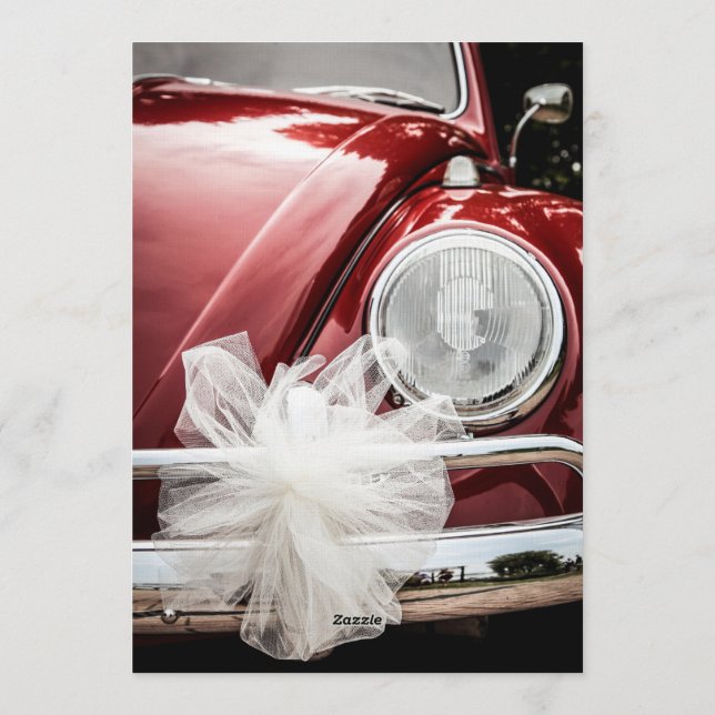 Retro Red VW Beetle Car White Bow Wedding Invitati Invitation (Back)