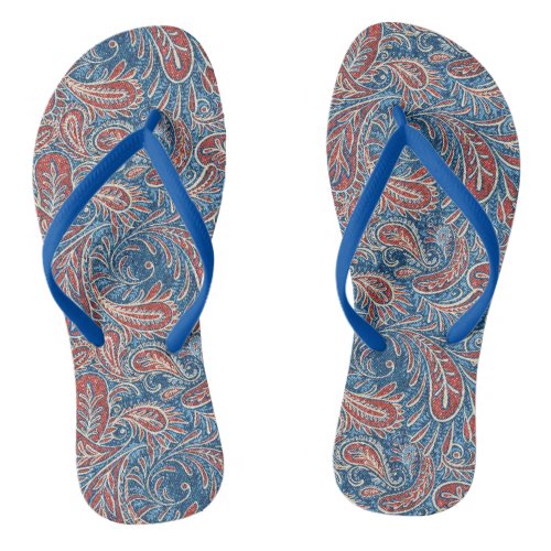 Retro Red White and Blue Paisley Pattern Flip Flops