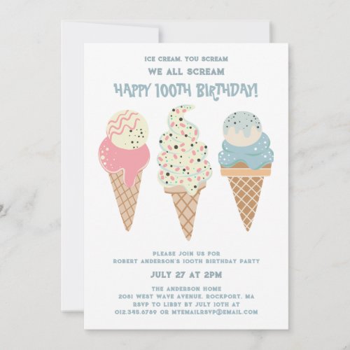 Retro Red White Blue Ice Cream Cone 100th Birthday Invitation