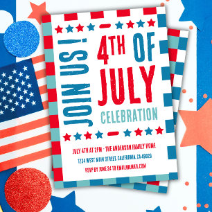 Retro Red White Blue Tartan Plaid 4th of July Invitation