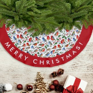 Retro Red White Christmas Robin Watercolor Pattern