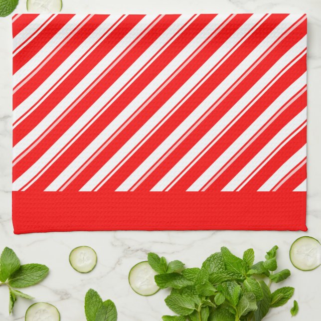 Retro Red White Diagonal Candy Stripes Pattern Kitchen Towel (Folded)